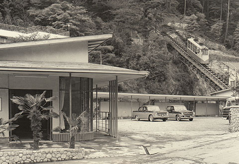 画像:ふもとの駐車場から山頂の向陽駅を結ぶケーブルカー